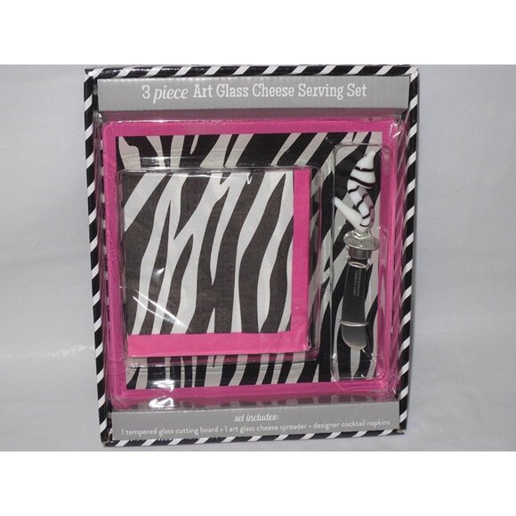 Cutting Board Boston Warehouse 3 Piece Zebra Art Glass Cheese Serving Set Napkin - Picture 1 of 1